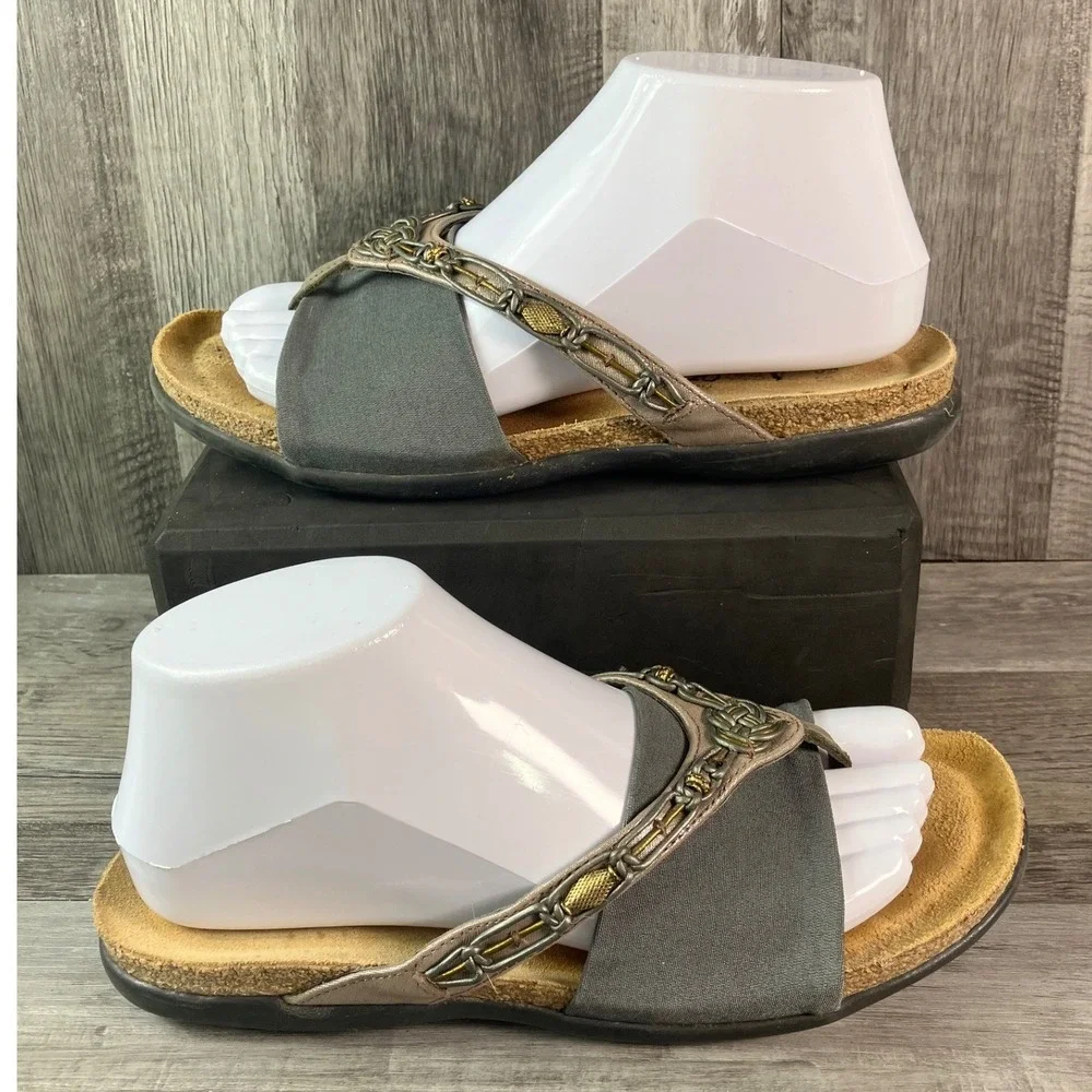 Naot Women Grey Metallic Leather Thong Sandals Celtic Knot Cork Footbed EU 39 L8